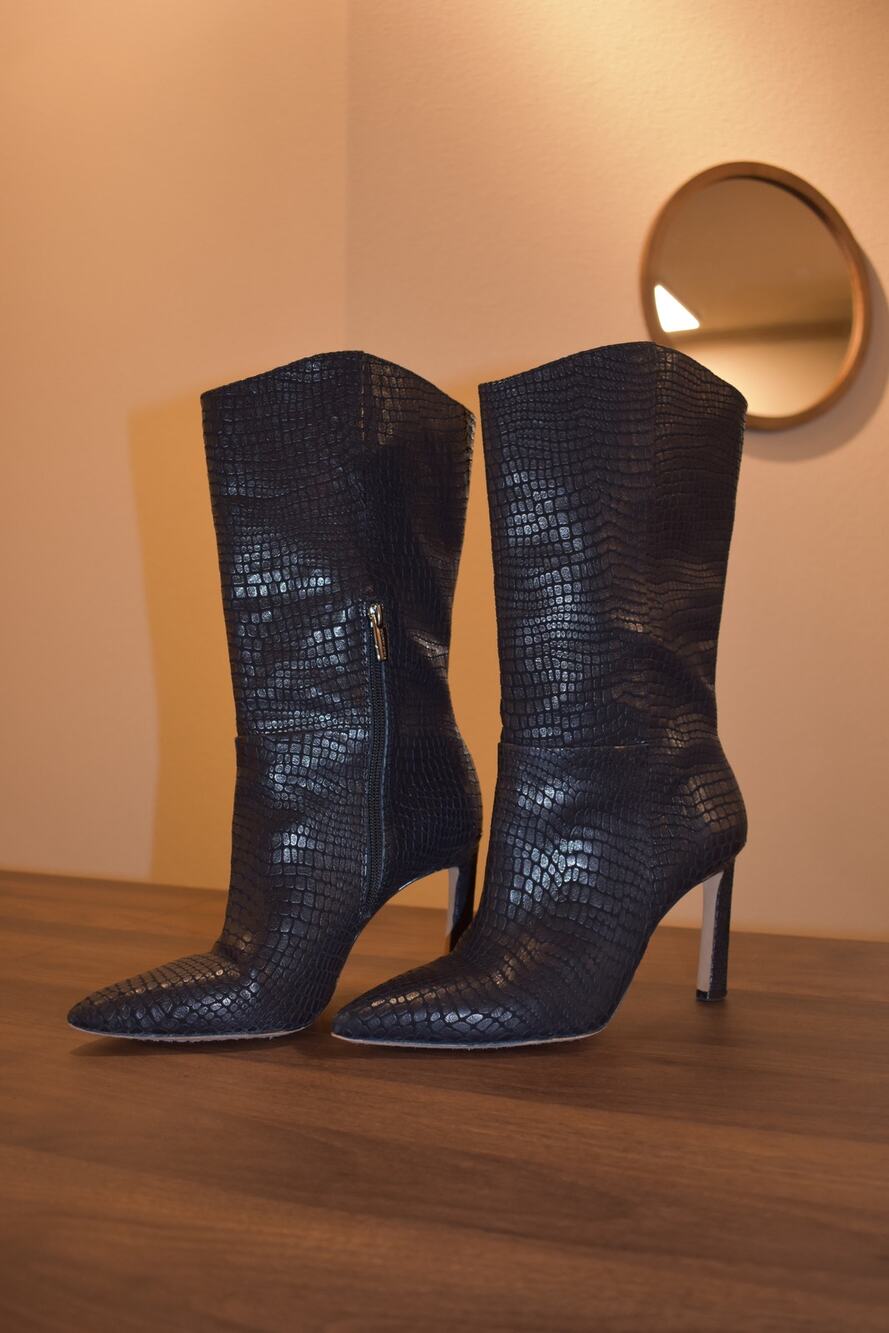 Vince Camuto Senimda Black Snake Leather Mid-Calf Stiletto Boots 7.5M